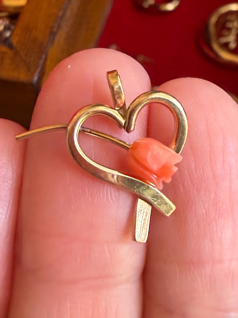 Vintage / Mid Century 14K GF Heart Charm with Carved Coral Rose Tulip